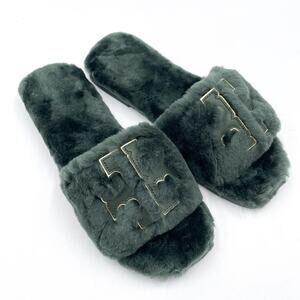 Tory Burch Double T Shearling‎ Slide Sandals Forest Green Square Toe Fur Sz 7